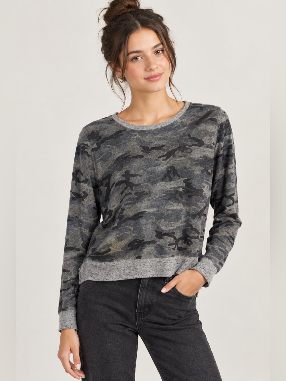Anthropologie Sundry Grey Camouflage Long-Sleeve Pullover with Zippers, Size 0